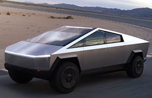 Tesla electric Cybertruck on deserted desert road